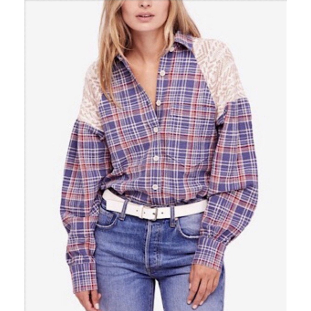 FREE PEOPLE Fireside Nights Button‎ Up Top Large Half Knit Plaid Blue Pink